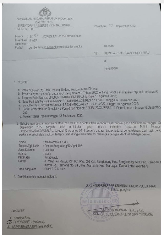Surat Penetapan Tersangka MA oleh Polda Riau. Foto: Ist